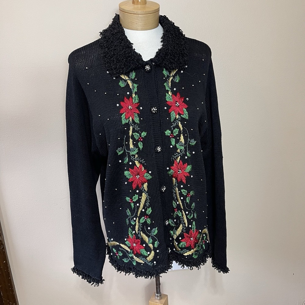 Vtg Lemon Grass Christmas Cardigan Sweater Poinsettia Beaded Embroidery L